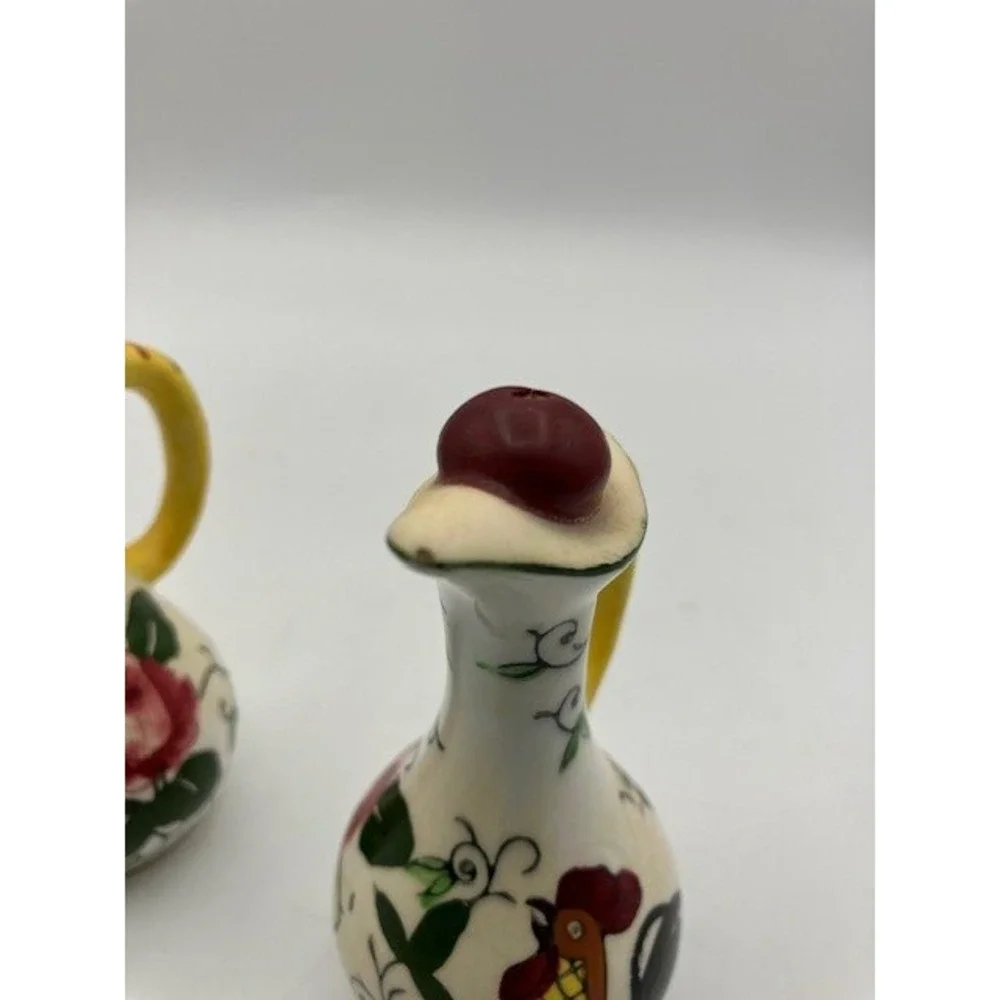 VTG 1950's Rooster & Rose Ceramic Pitcher Salt Pepper‎ Shakers - Country Kitchen